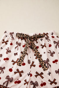 KaleaBoutique Stylish Chic Bow Cherry Printed Leopard Contrast Patchwork Shirt Drawstring Shorts 2pcs PJ Set - KaleaBoutique.com