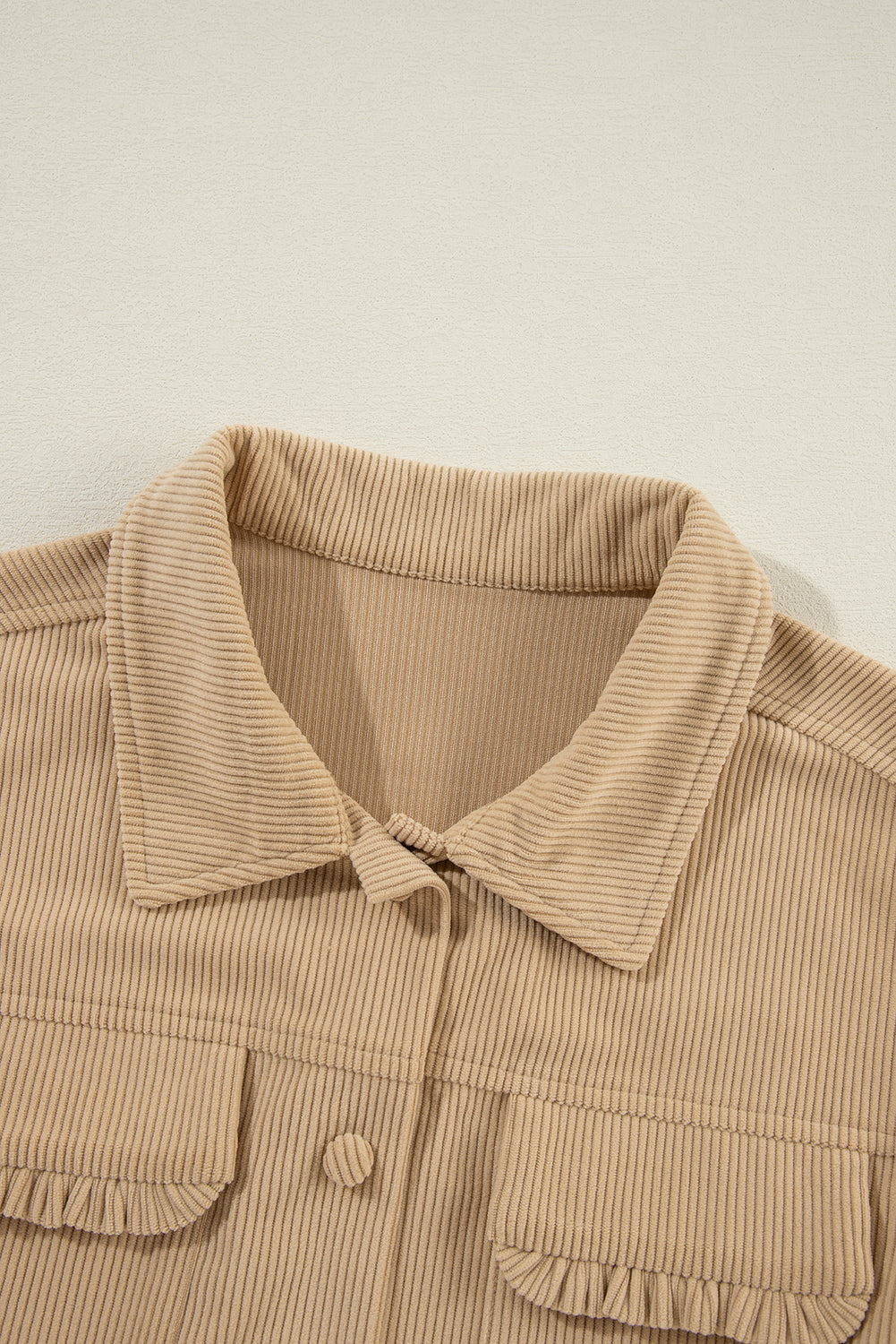 KaleaBoutique Solid Frilled Flap Pocket Button Up Corduroy Shacket - KaleaBoutique.com