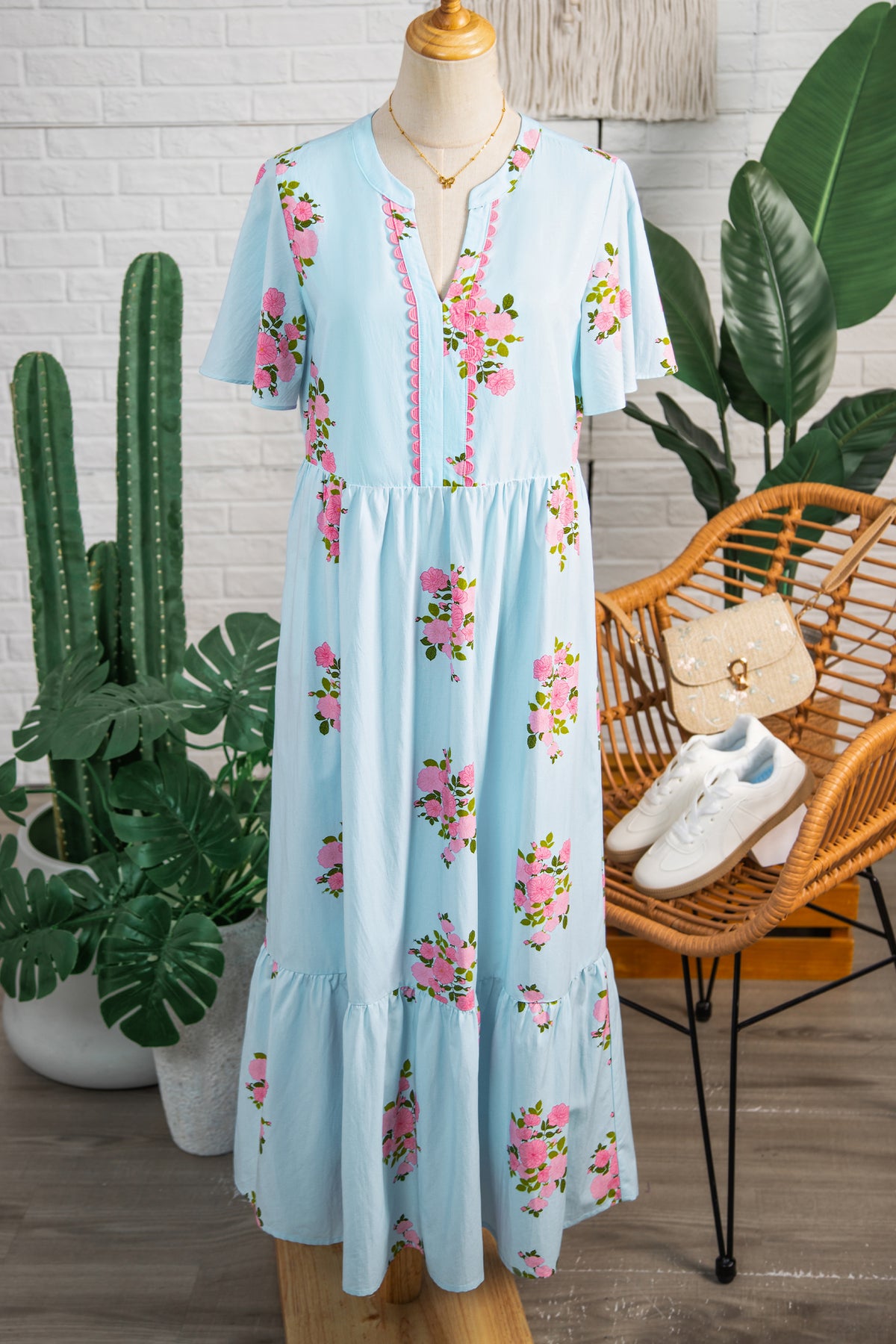 KaleaBoutique Comfortable Notched Neck Flutter Short Sleeve Floral Print Maxi Dress - KaleaBoutique.com