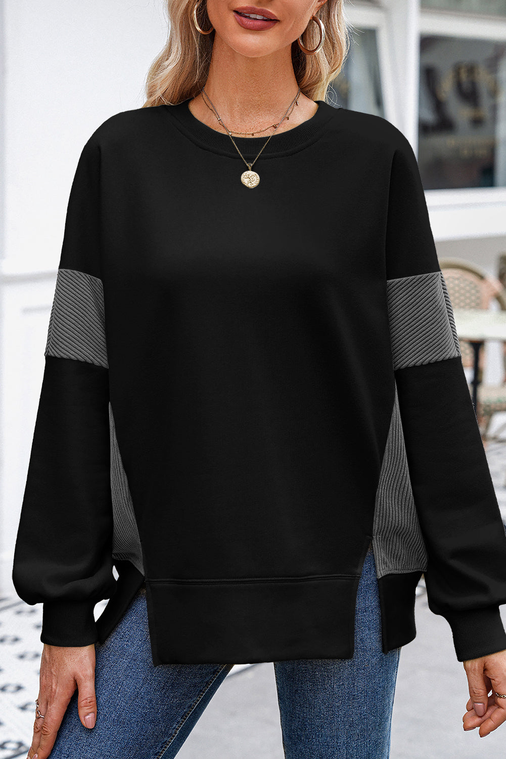 Corduroy Patched Side Slit Sweatshirt - KaleaBoutique.com