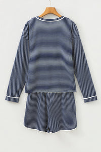 KaleaBoutique Stylish Blue Drop Shoulder Round Neck Long Sleeve Tee and Buttoned Shorts 2pcs Lounge Set - KaleaBoutique.com