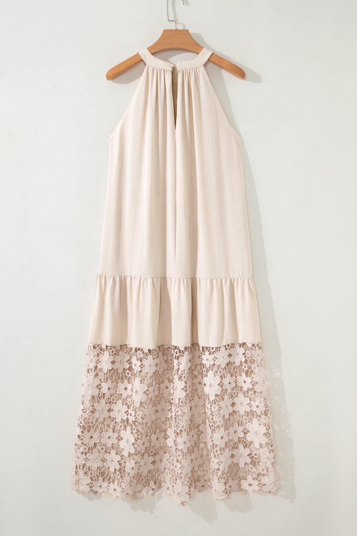 KaleaBoutique Stylish Sheer Hollowed Floral Lace Hem Patchwork Loose Halter Summer Dress - KaleaBoutique.com