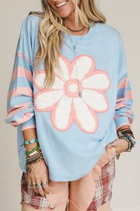 KaleaBoutique Stylish Big Flower Patch Drop Shoulder Striped Long Sleeve Top - KaleaBoutique.com