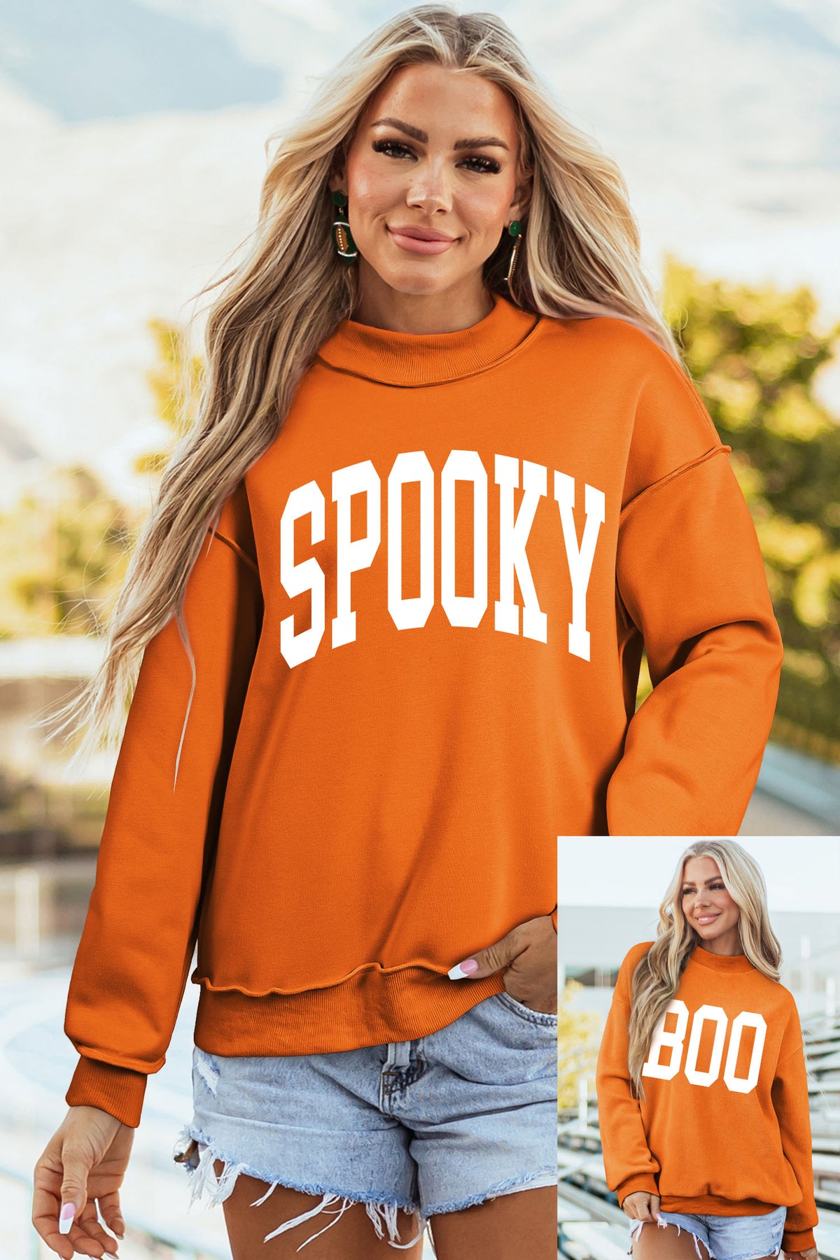 Orange SPOOKY & BOO Reversible Mock Neck Halloween Sweatshirt - KaleaBoutique.com