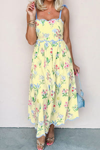 KaleaBoutique Stylish Floral Print Contrast Trim Self-tie Straps High Waist Midi Dress - KaleaBoutique.com