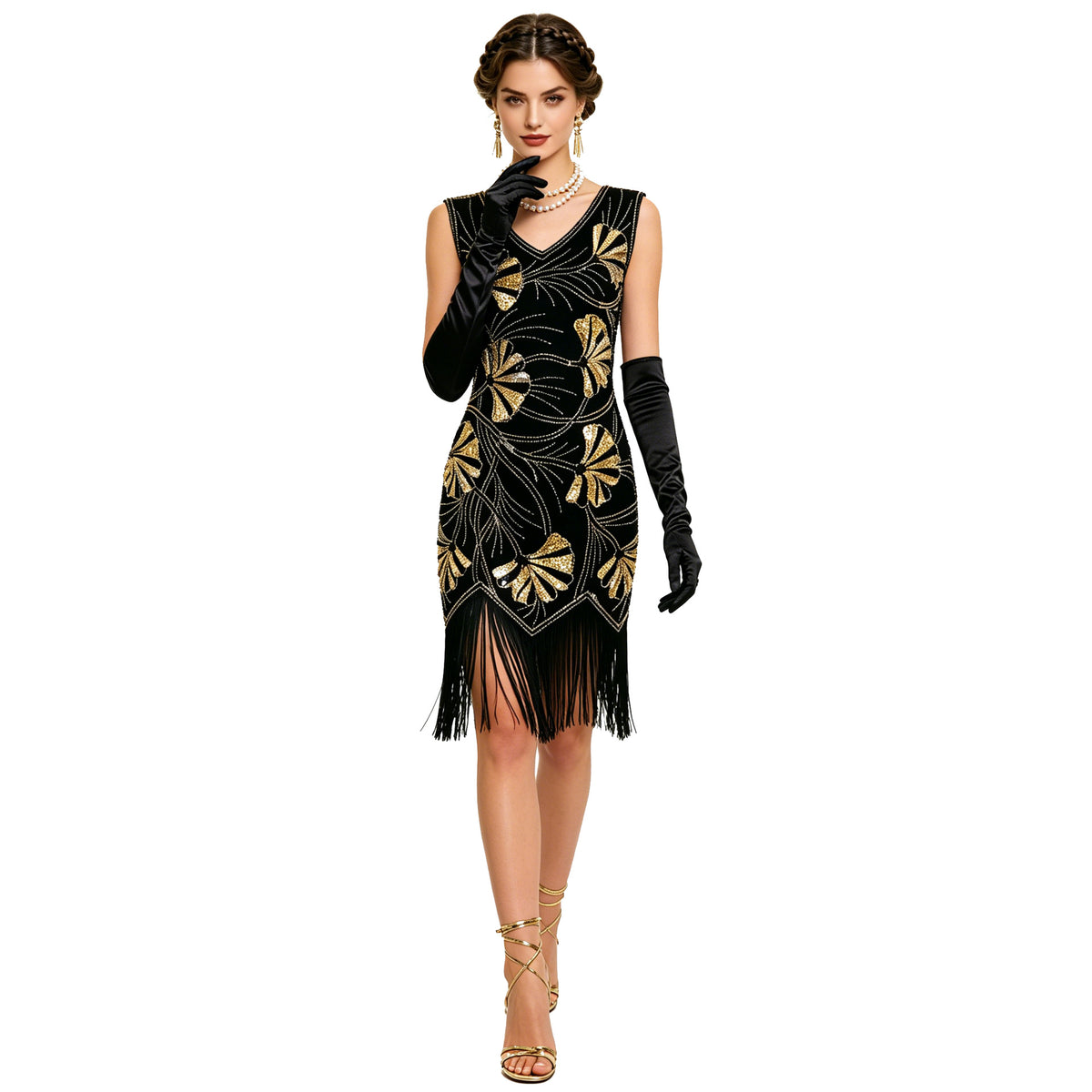 Women's Vintage V-Neck Sequin Tassel Evening Dress - KaleaBoutique.com