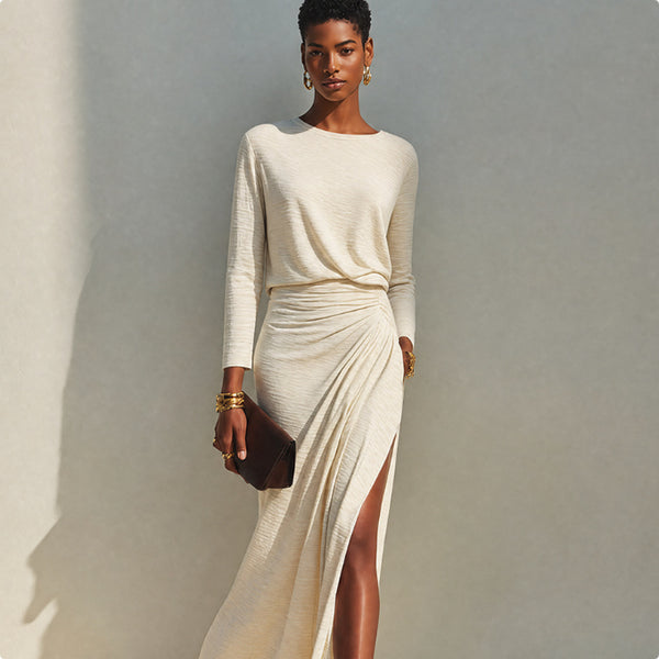 KaleaBoutique Beige Pleated Sheath Dress with Slit - KaleaBoutique.com
