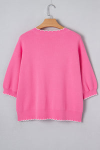 KaleaBoutique Stylish Big Ribbon Bow Print Contrast Stitch Trim Drop Shoulder Sweater - KaleaBoutique.com