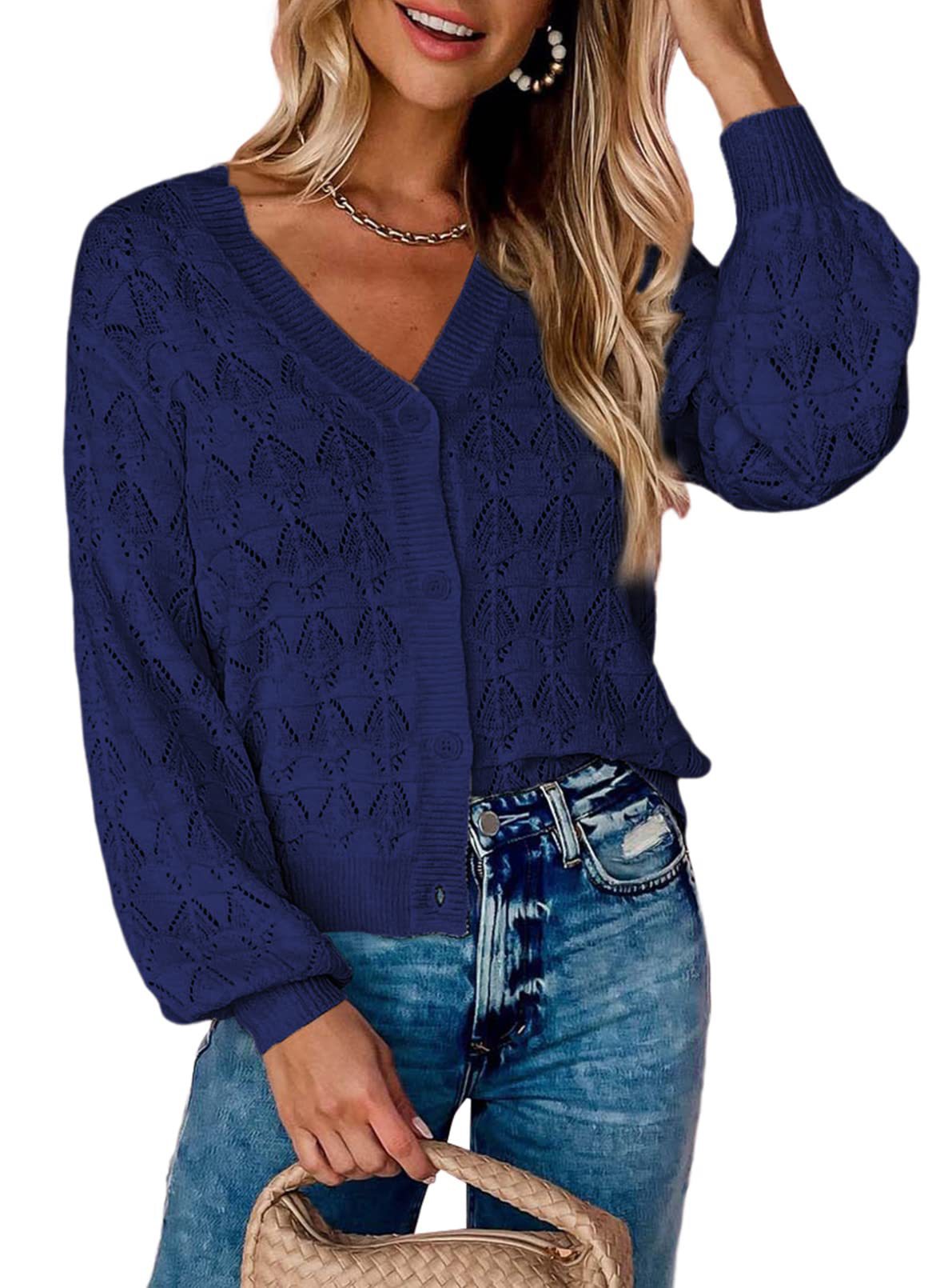 Women's Openwork V-Neck Button-Front Balloon-Sleeve Cardigan - KaleaBoutique.com