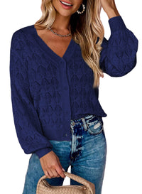 Women's Openwork V-Neck Button-Front Balloon-Sleeve Cardigan - KaleaBoutique.com