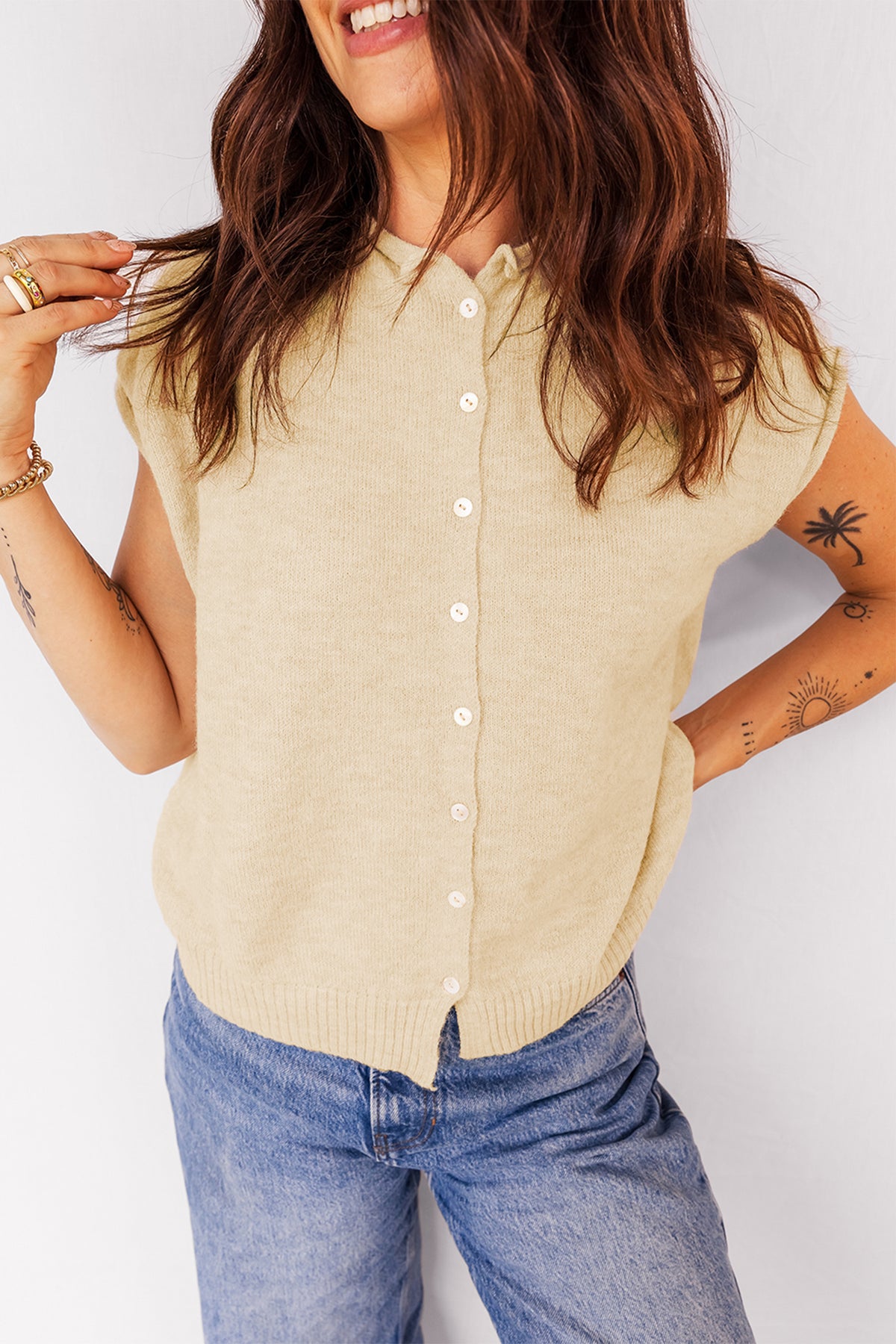 KaleaBoutique Stylish Buttoned Front Rolled Hem Cap Sleeve Sweater Top - KaleaBoutique.com