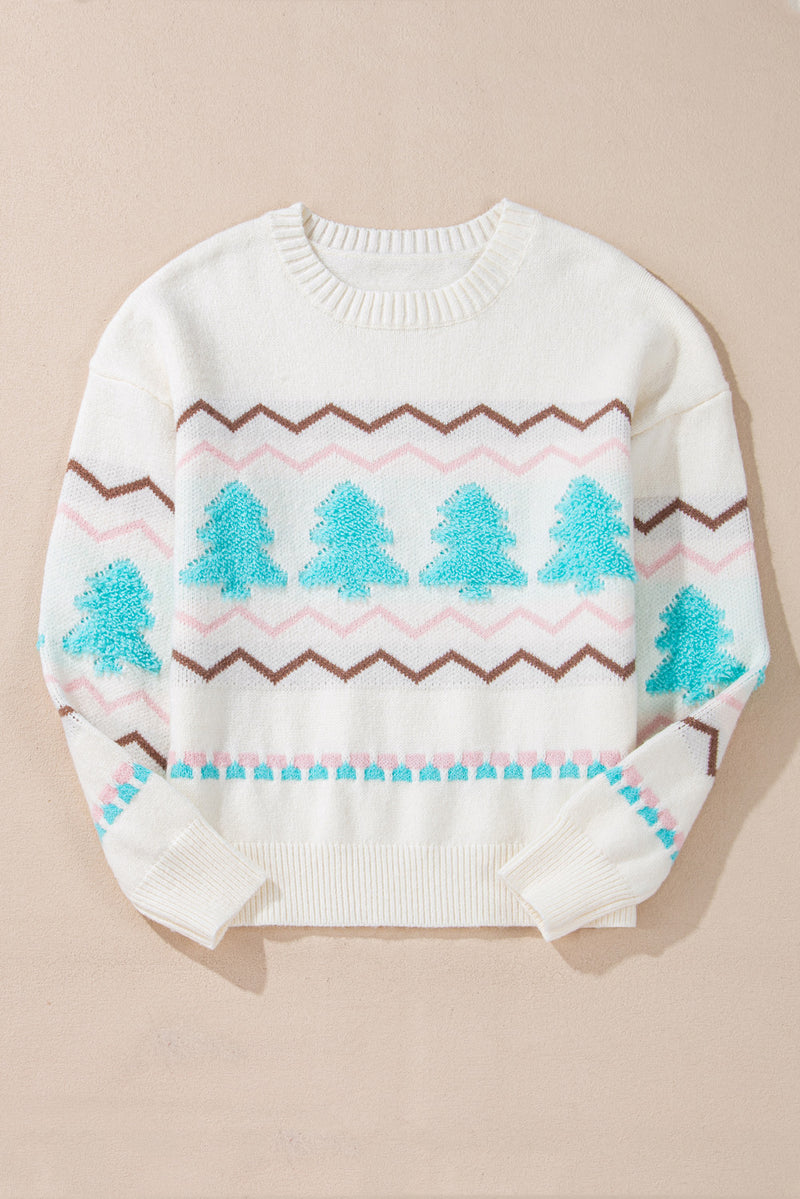 KaleaBoutique Stylish Striped Christmas Tree Ribbed Trim Drop Shoulder Sweater - KaleaBoutique.com
