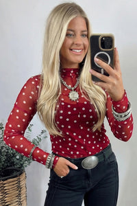 KaleaBoutique Stylish Polka Dot Patterned Bodycon Mock Neck Mesh Long Sleeve Top - KaleaBoutique.com