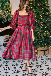 KaleaBoutique Stylish Plaid Square Neck Puff Sleeve Knot Waist Flared Midi Dress - KaleaBoutique.com