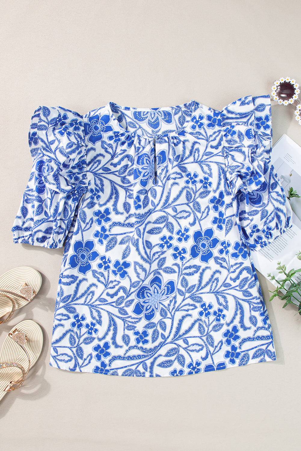 KaleaBoutique Floral Print Ruffled Bubble Sleeve Blouse - KaleaBoutique.com
