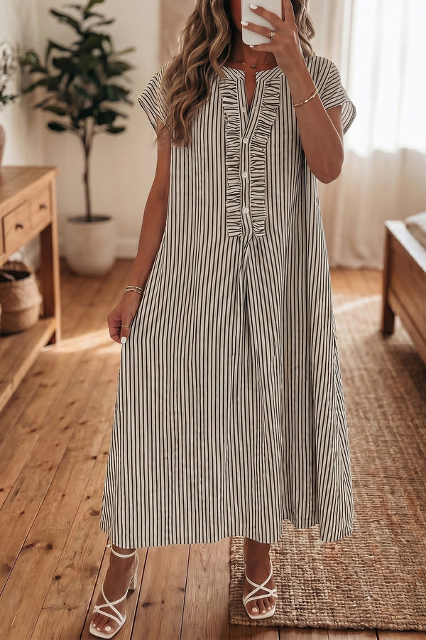 KaleaBoutique Stylish Frilled Detail Half Buttons Short Sleeve Long Dress - KaleaBoutique.com
