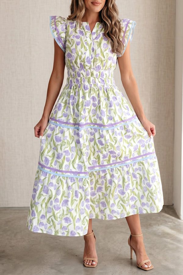 KaleaBoutique Comfortable Tulip Floral Print Contrast Trim Midi Dress - KaleaBoutique.com