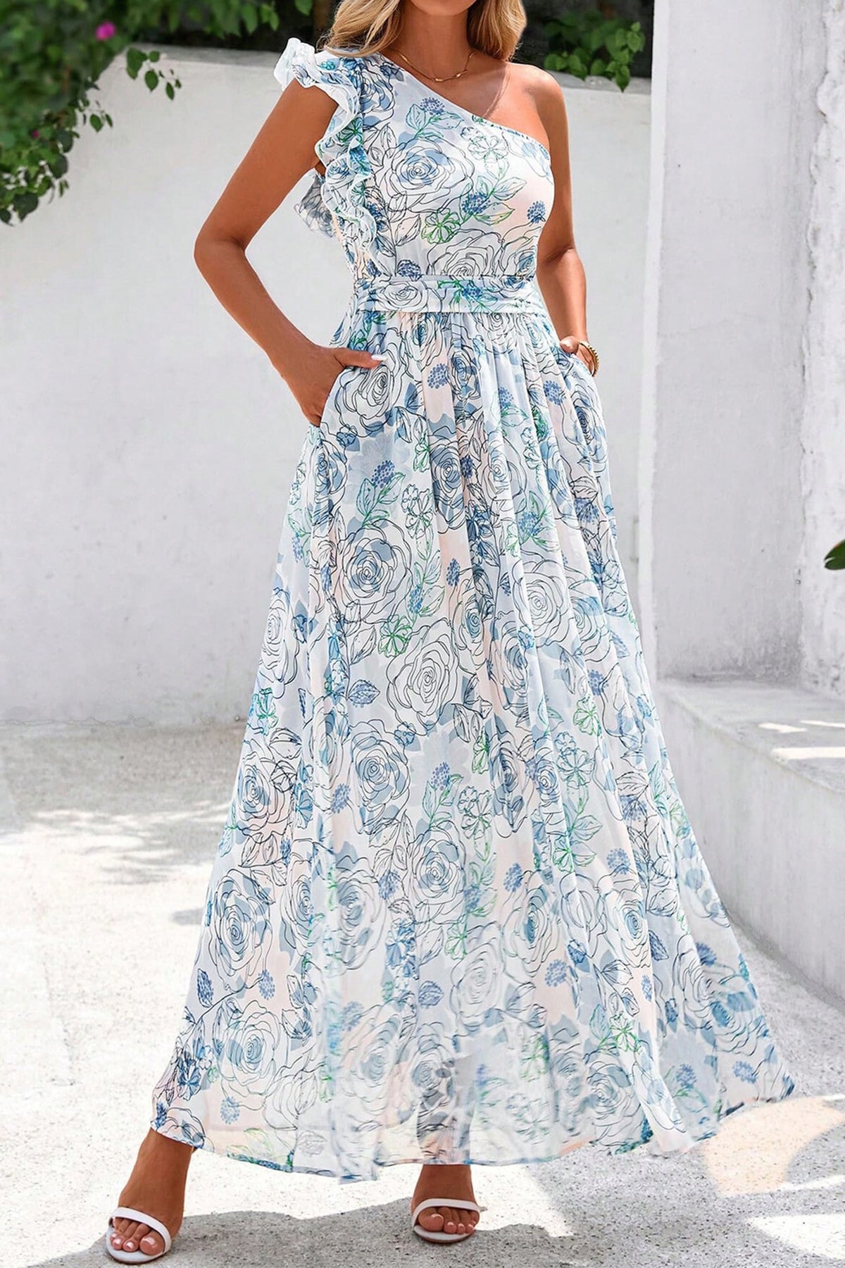 KaleaBoutique Stylish Floral Print Ruffled One Shoulder Vacation Maxi Dress - KaleaBoutique.com