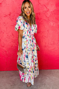KaleaBoutique Stylish Abstract Print Short Puff Sleeve Tiered Maxi Dress - KaleaBoutique.com