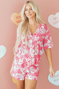 KaleaBoutique Comfortable Heart Print Shirt Style Silky Short Pajama Set - KaleaBoutique.com