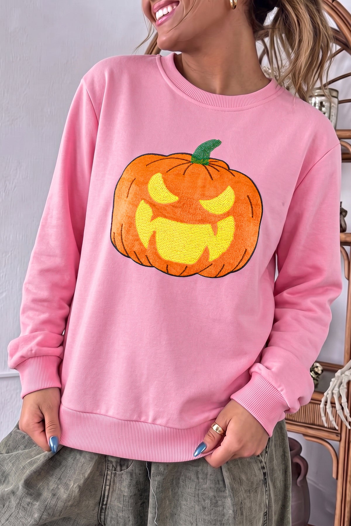 KaleaBoutique Stylish Embroidered Pumpkin Face Long Sleeve Round Neck Sweatshirt - KaleaBoutique.com