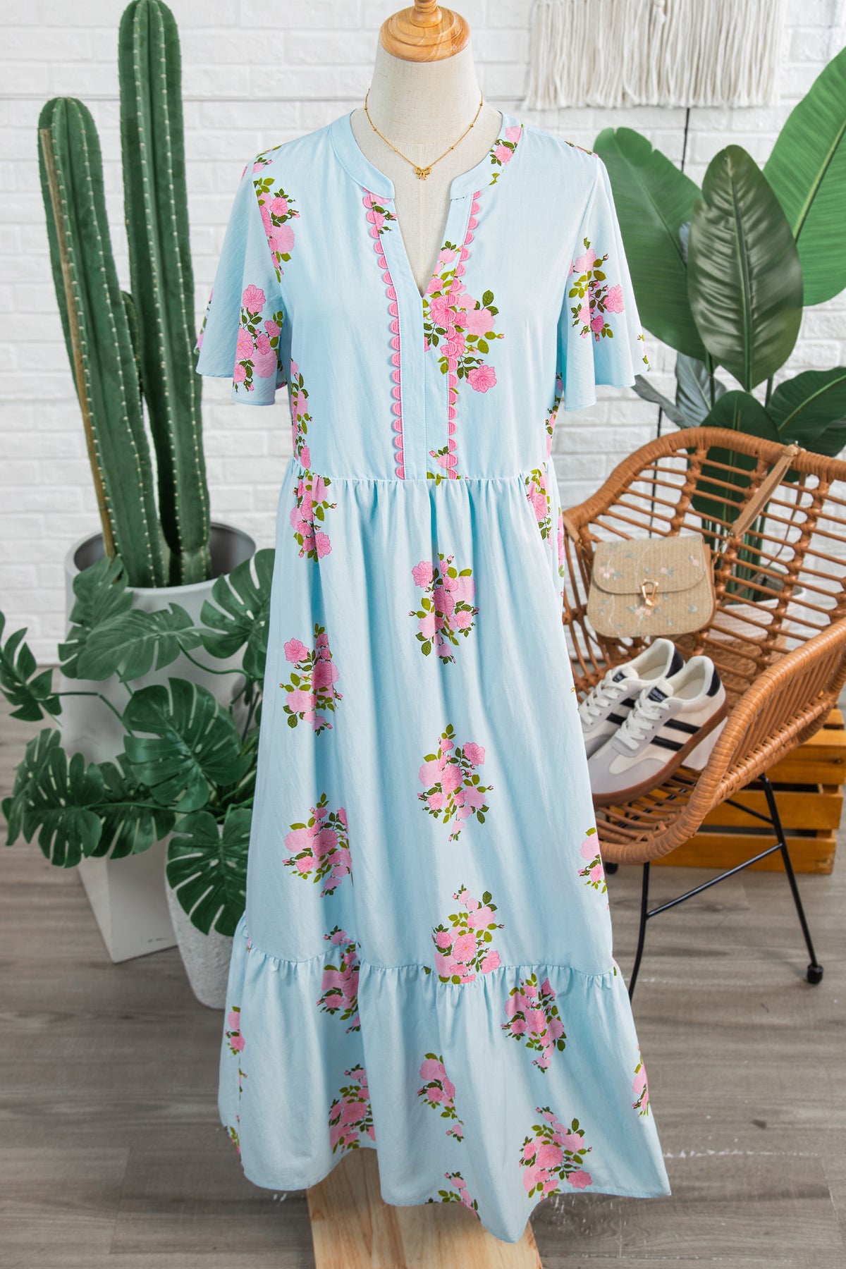 KaleaBoutique Comfortable Notched Neck Flutter Short Sleeve Floral Print Maxi Dress - KaleaBoutique.com