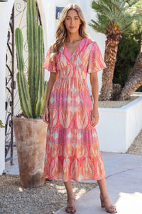 KaleaBoutique Comfortable Paisley Print V-Neck Short Sleeve Boho Maxi Dress with Ruffle Details - KaleaBoutique.com