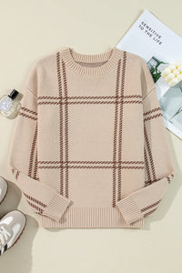 KaleaBoutique Plaid Pattern Knitted Drop Shoulder Sweater - KaleaBoutique.com