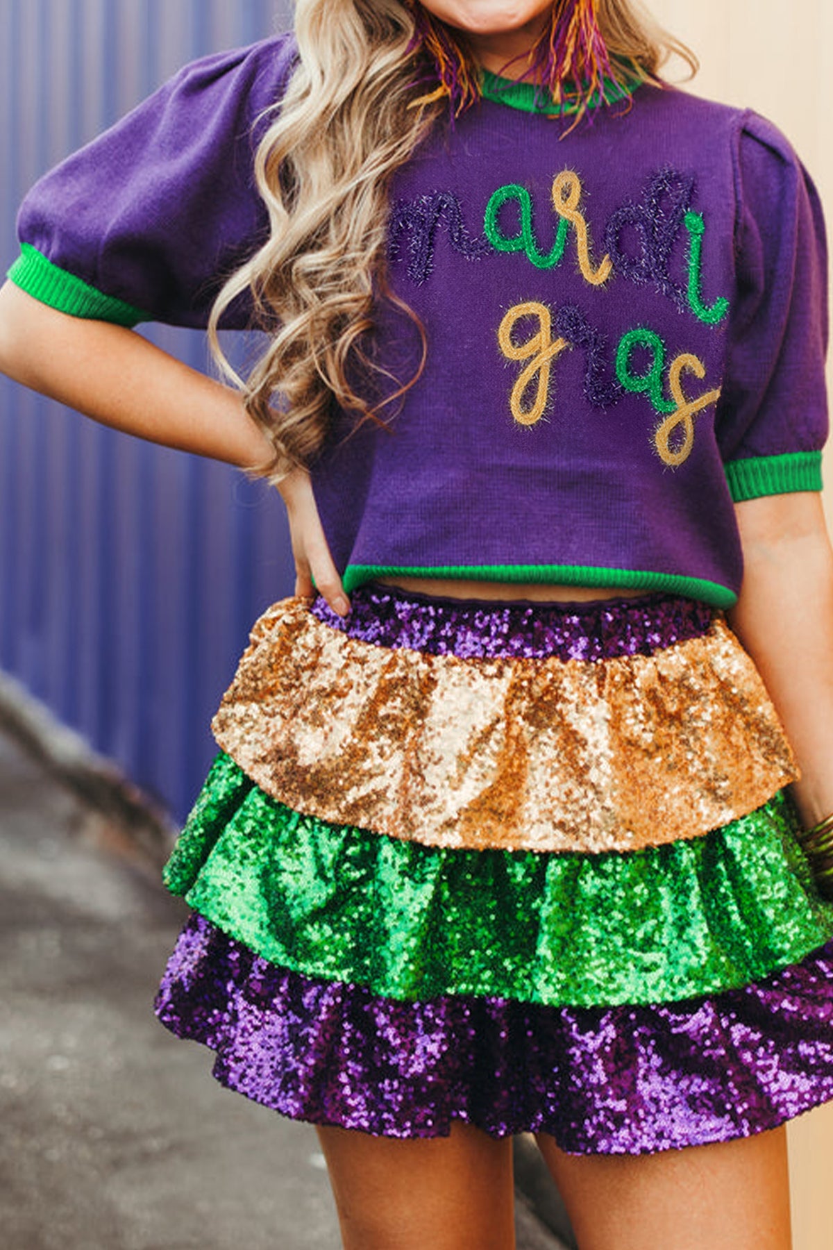 KaleaBoutique Comfortable Mardi Gras Tinsel Graphic Short Sleeve Sweater - KaleaBoutique.com