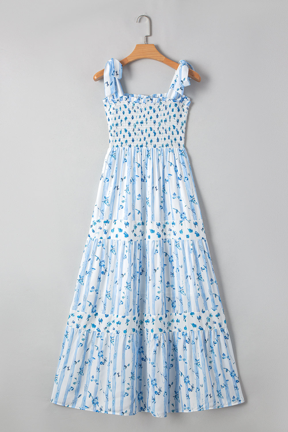 Floral Smocked Tied Straps A-Lined Tiered Maxi Dress - KaleaBoutique.com