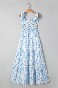 Floral Smocked Tied Straps A-Lined Tiered Maxi Dress - KaleaBoutique.com