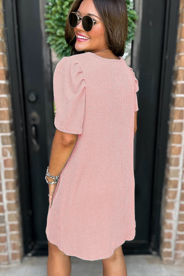 Corded Knit Crew Neck Puff Sleeve Shift Mini Dress - KaleaBoutique.com
