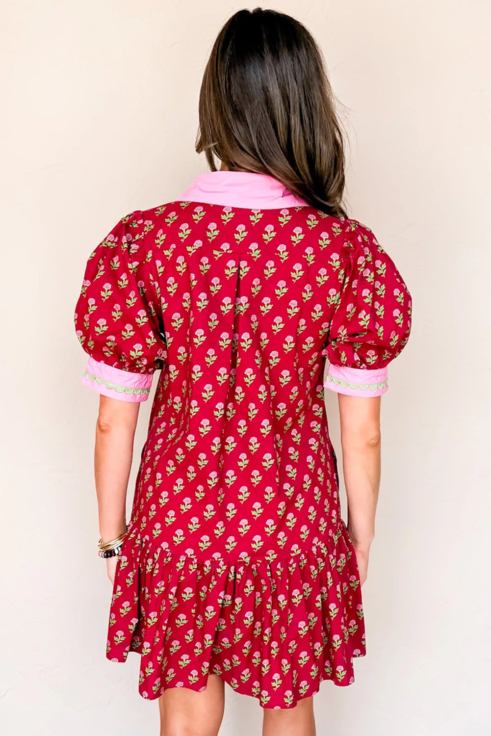 Floral Print Contrasted V Neck Short Bubble Sleeve Mini Dress - KaleaBoutique.com