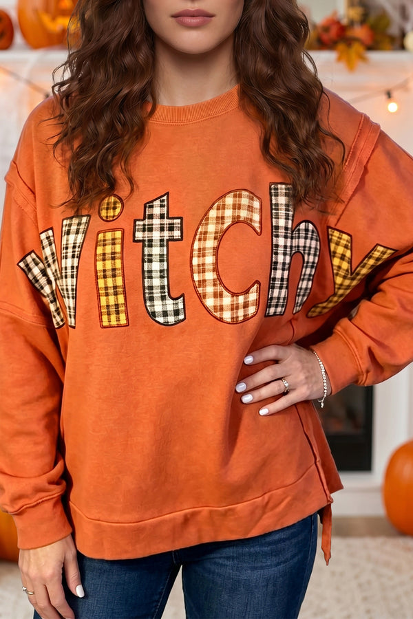 KaleaBoutique Comfortable Halloween Witchy Plaid Slogan Embroidered Patch Tunic Sweatshirt - KaleaBoutique.com
