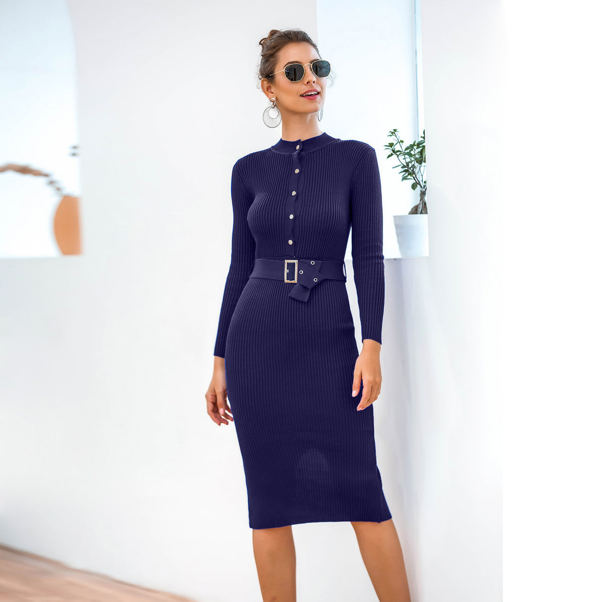 Autumn And Winter Long Sleeve Single-breasted Knitted Package Hip Sweater Dress - KaleaBoutique.com
