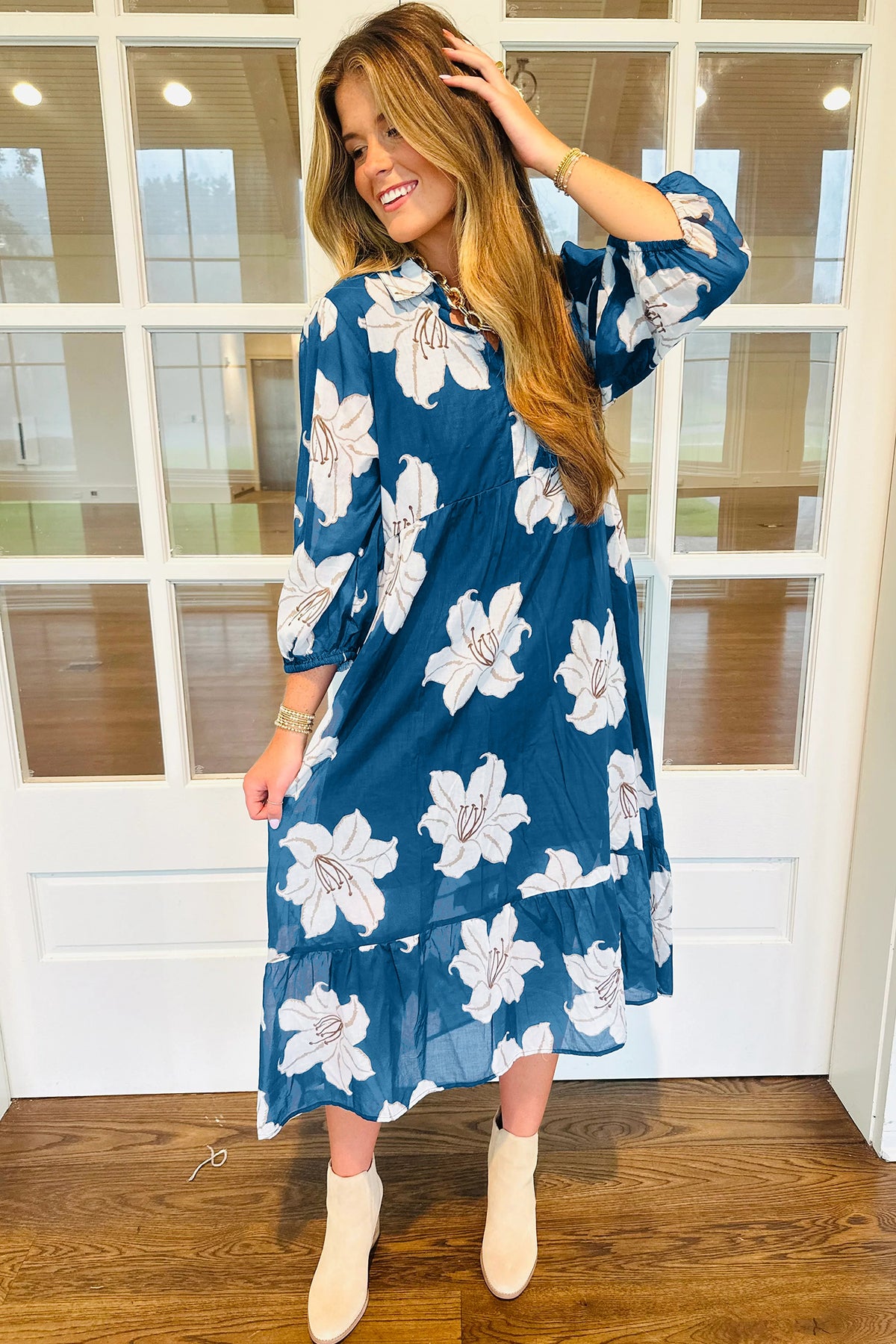 KaleaBoutique Comfortable Floral Print Shirt Collar V Neck 3/4 Sleeve Shift Midi Dress - KaleaBoutique.com