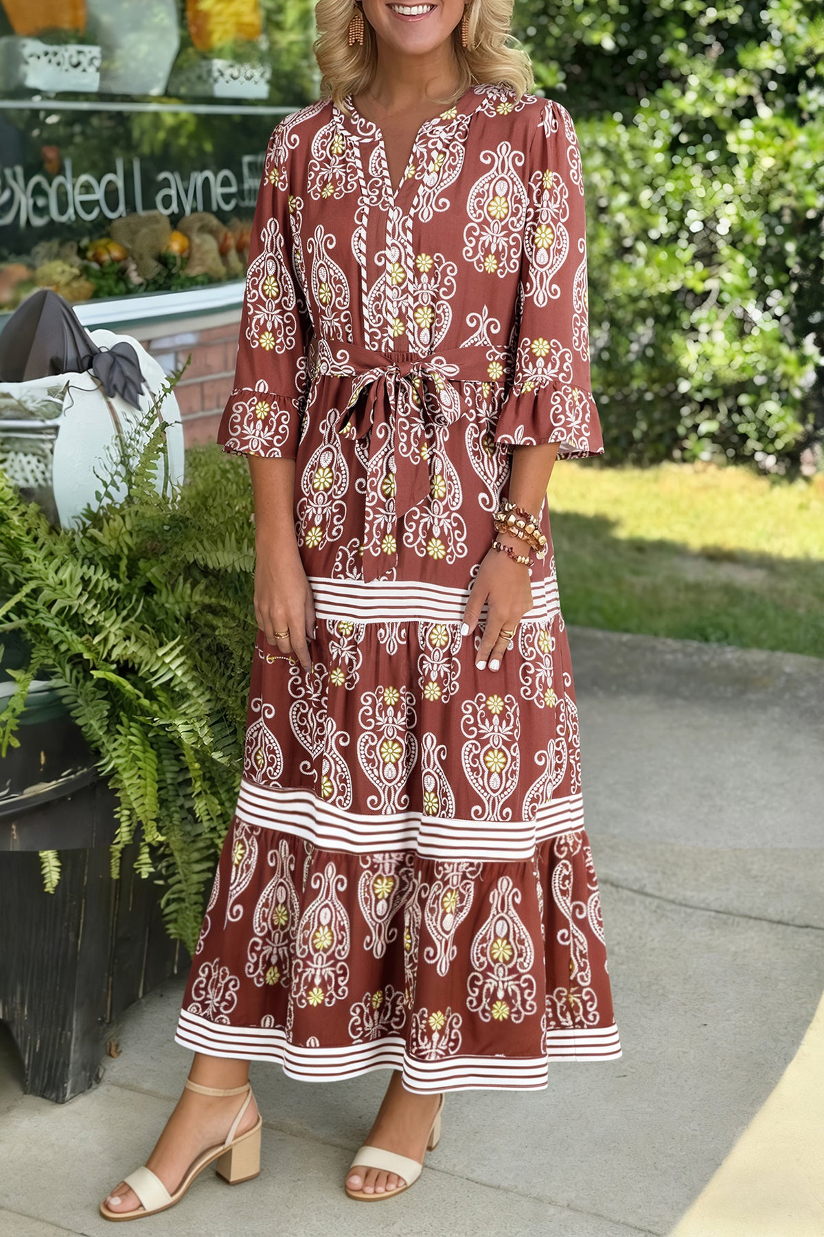 Floral Print Belted Striped Trim Tiered Maxi Dress - KaleaBoutique.com