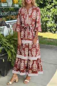 Floral Print Belted Striped Trim Tiered Maxi Dress - KaleaBoutique.com