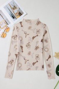 KaleaBoutique Stylish Western Print Slim Fit Mesh Long Sleeve Mock Neck Top - KaleaBoutique.com
