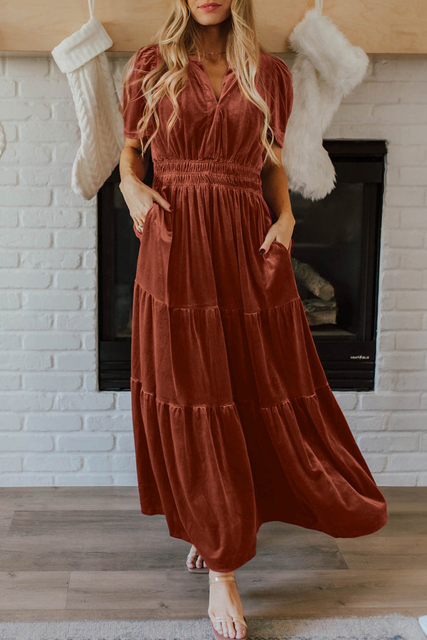 KaleaBoutique Stylish Velvet Short Sleeve Shirred Waist Tiered Maxi Dress - KaleaBoutique.com