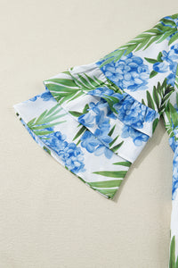 KaleaBoutique Comfortable Palm Floral Print Contrast Ribbon Knot Ruffle Tiered Sleeve Mini Dress - KaleaBoutique.com