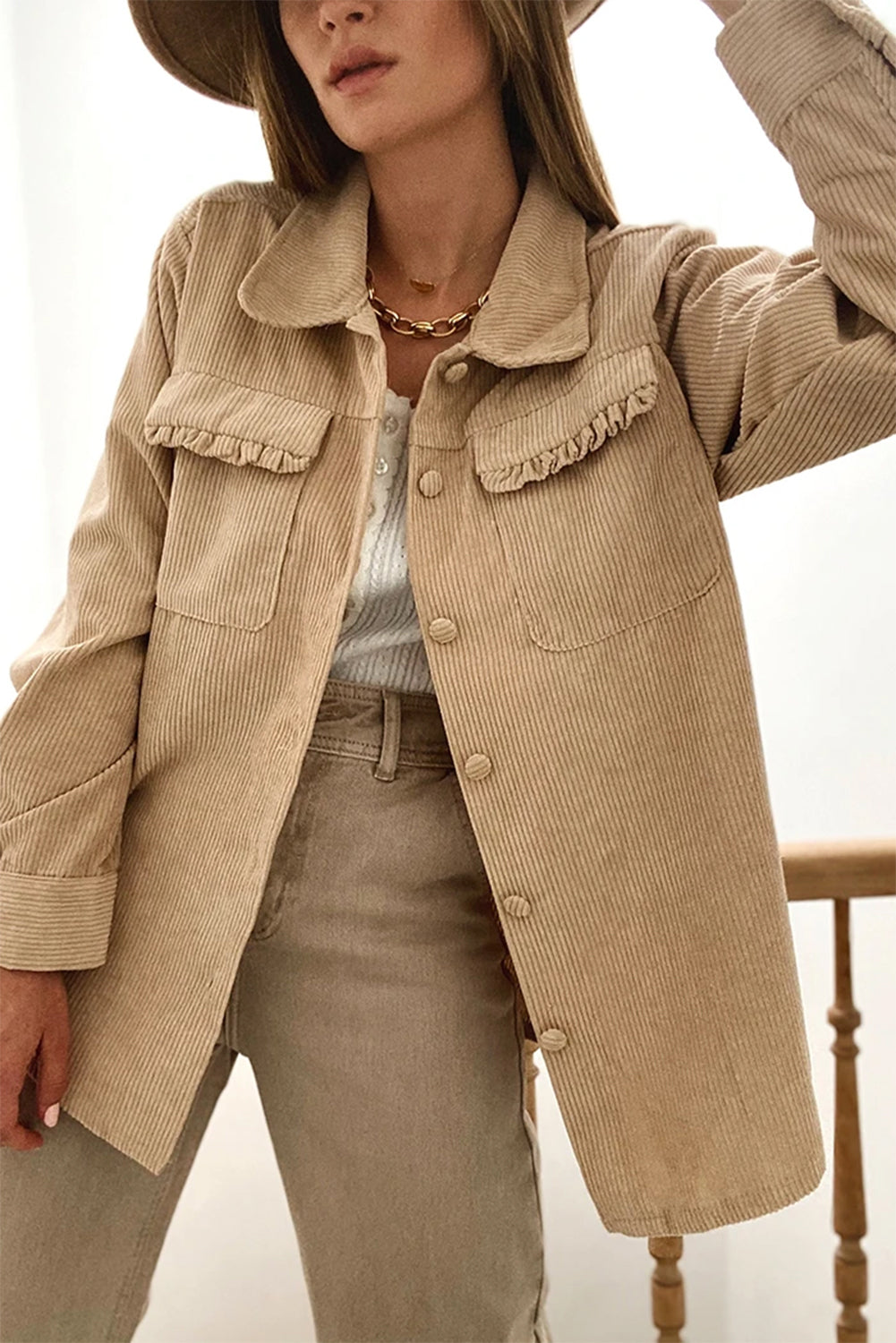 KaleaBoutique Solid Frilled Flap Pocket Button Up Corduroy Shacket - KaleaBoutique.com