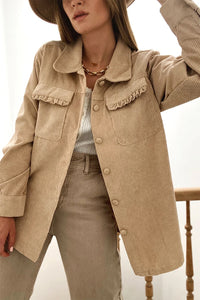 KaleaBoutique Solid Frilled Flap Pocket Button Up Corduroy Shacket - KaleaBoutique.com