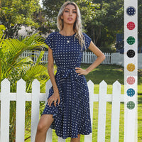 Women's Polka-Dot Round-Neck Tie-Waist Midi Dress - KaleaBoutique.com