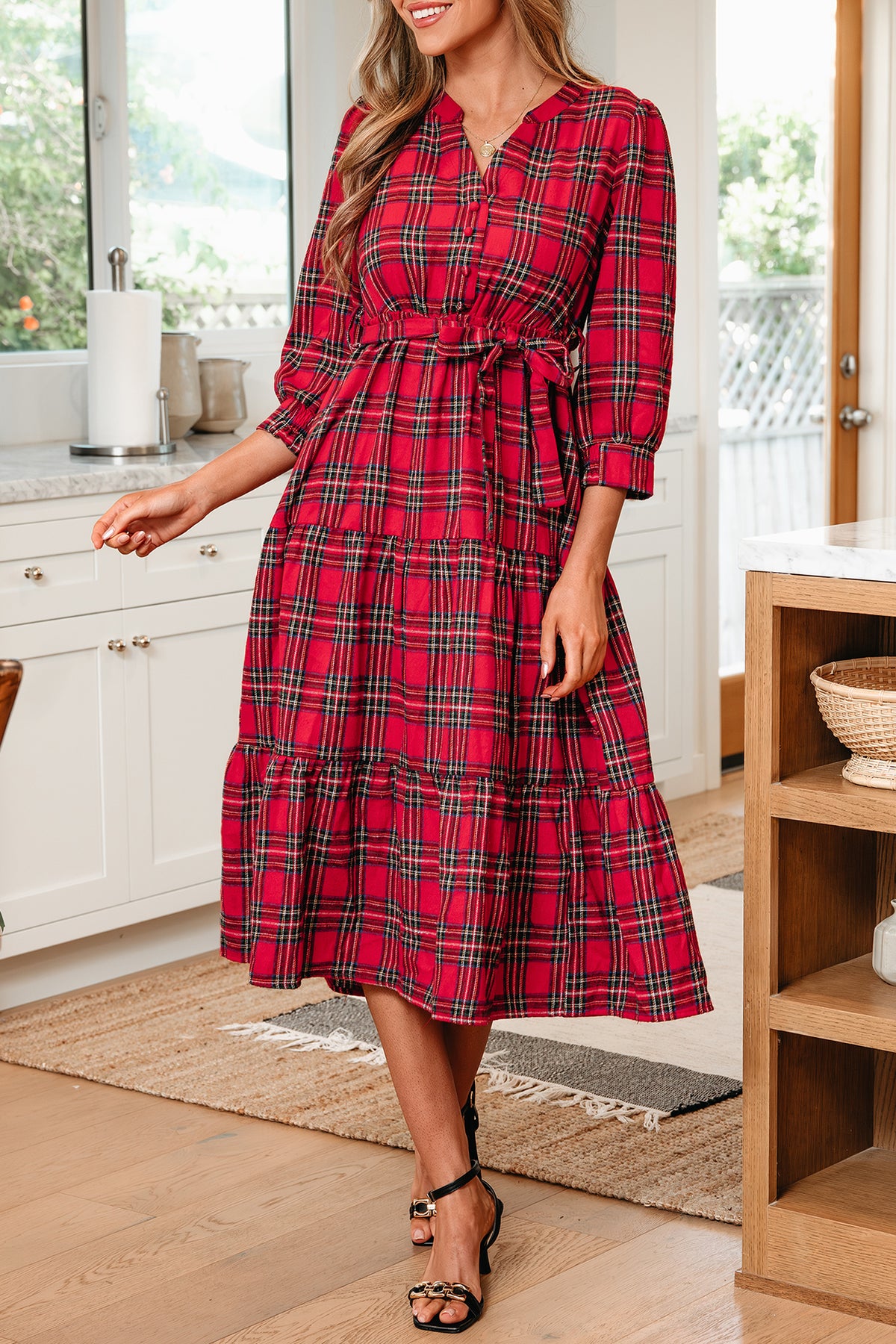 KaleaBoutique Christmas Plaid V Neck 3/4 Sleeve Tie Waist Ruffle Hem Long Dress - KaleaBoutique.com