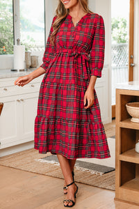 KaleaBoutique Christmas Plaid V Neck 3/4 Sleeve Tie Waist Ruffle Hem Long Dress - KaleaBoutique.com