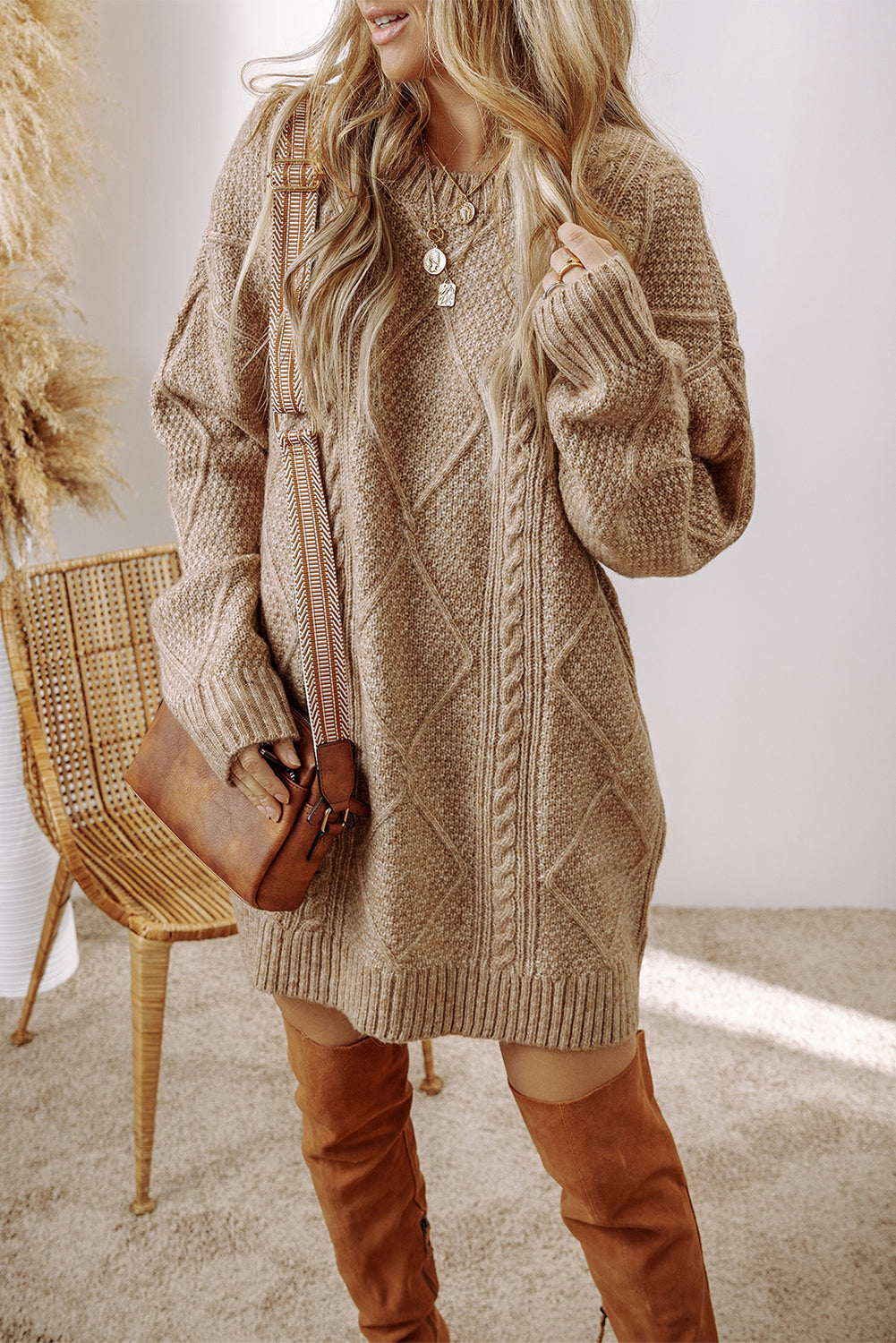 KaleaBoutique Stylish Cable Knit Drop Shoulder Loose Fit Sweater Dress - KaleaBoutique.com