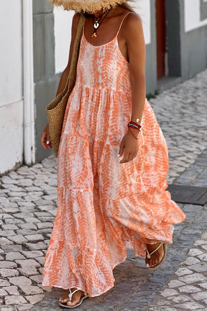 KaleaBoutique Abstract Print Spaghetti Straps Backless Tiered Maxi Dress Orange / (US 12-14)l KaleaBoutique Abstract Print Spaghetti Straps Backless Tiered Maxi Dress Orange / (US 12-14)l
