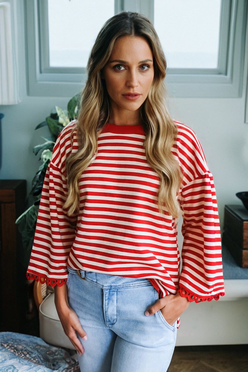 KaleaBoutique Stylish Striped Print Drop Shoulder Lace Trim Bracelet Sleeve Loose Top - KaleaBoutique.com