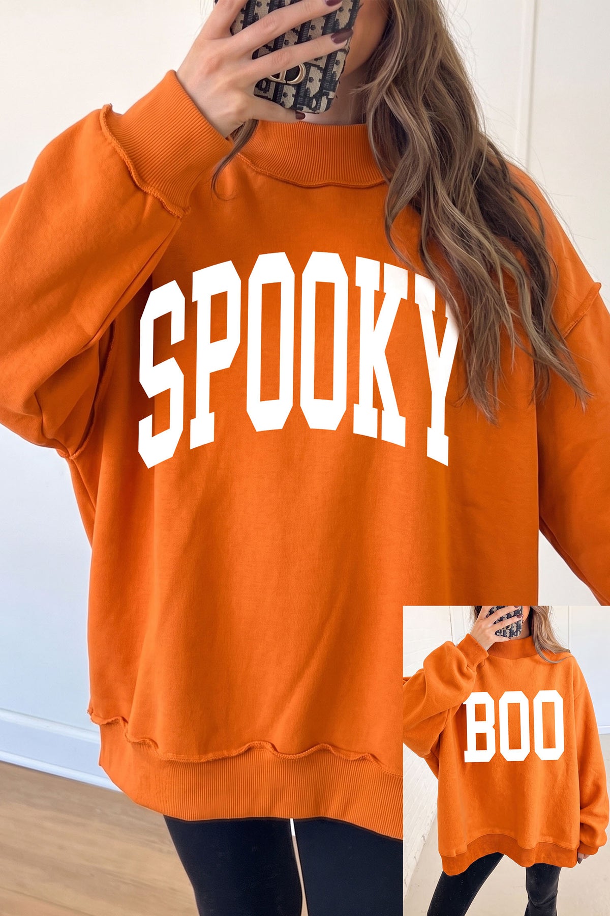 Orange SPOOKY & BOO Reversible Mock Neck Halloween Sweatshirt - KaleaBoutique.com